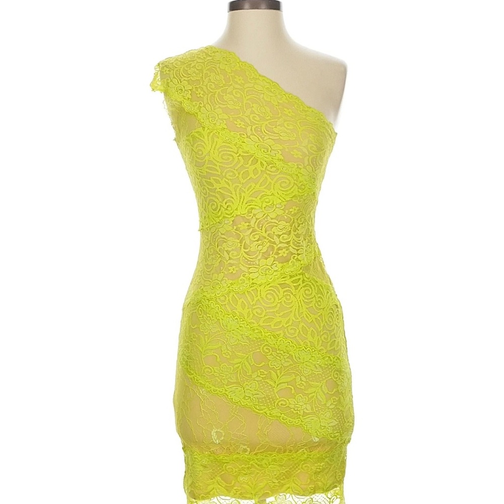 bebe Vibrant Lime Lace One-Shoulder Dress